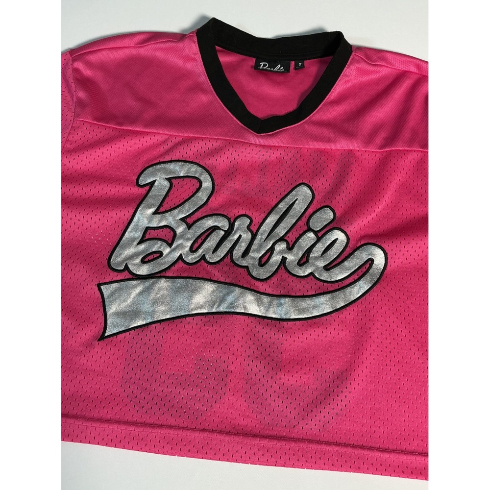 Barbie Mesh Pink Cropped Football Jersey Silver Metallic Logo Size S